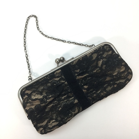 Ann Taylor Loft Clutch Purse Black Lace and Tan with Chain Strap - Picture 1 of 7